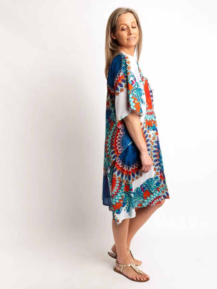 V-neck Dress Length Kaftan in Blue and Red Circles on White