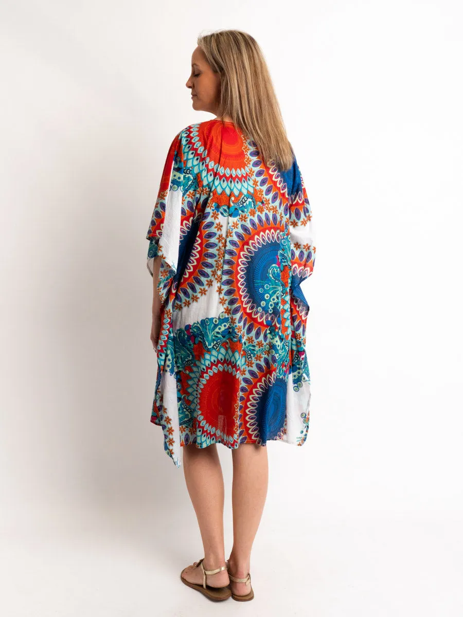 V-neck Dress Length Kaftan in Blue and Red Circles on White