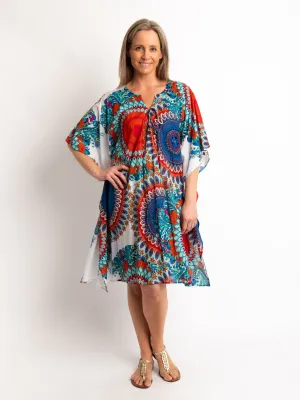 V-neck Dress Length Kaftan in Blue and Red Circles on White