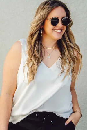 White V Neck Open Back Sleeveless Plus Size Top