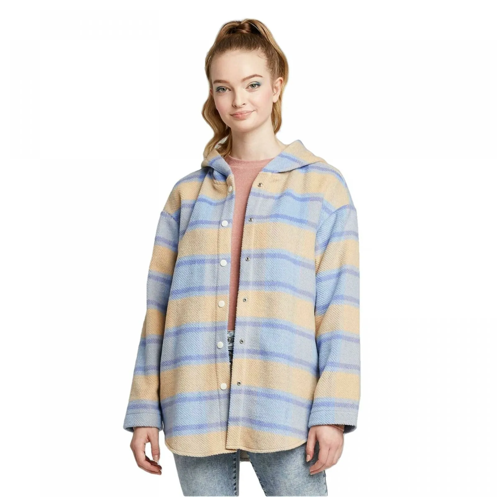 Wild Fable Women's Plaid Long Sleeve Hooded Snap Front Shirt Jacket
