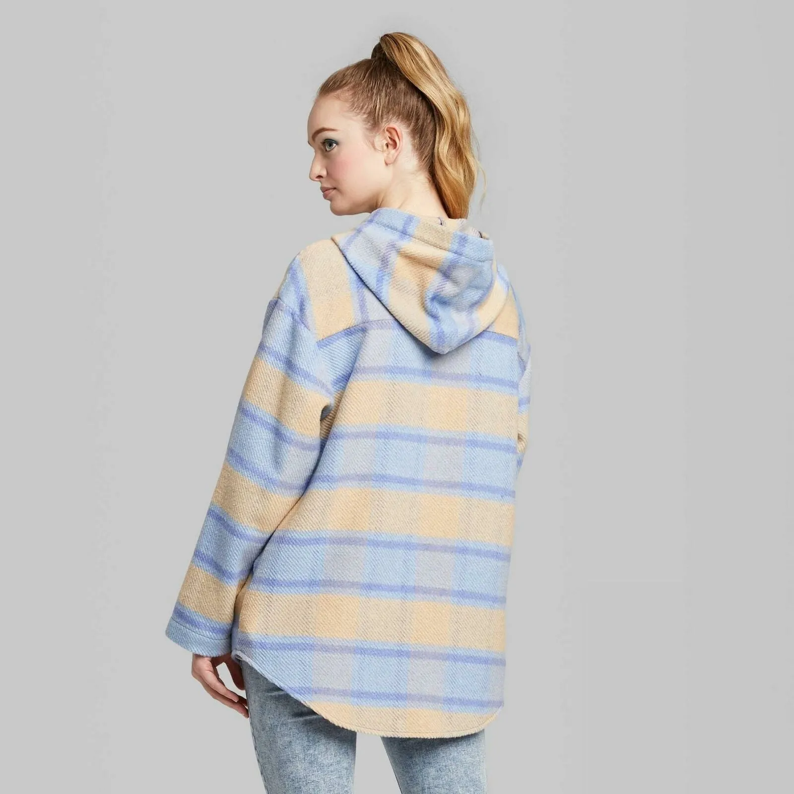 Wild Fable Women's Plaid Long Sleeve Hooded Snap Front Shirt Jacket