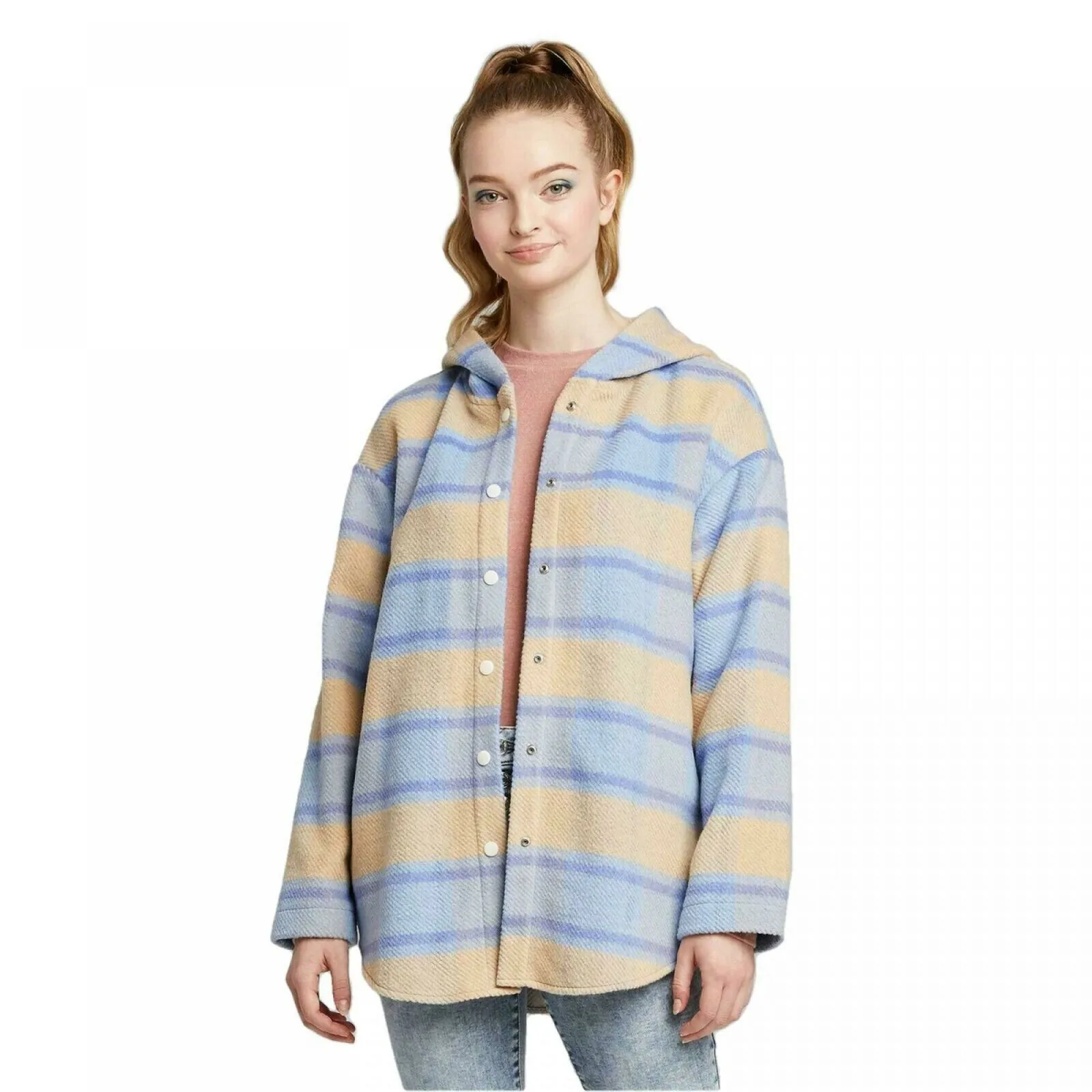 Wild Fable Women's Plaid Long Sleeve Hooded Snap Front Shirt Jacket