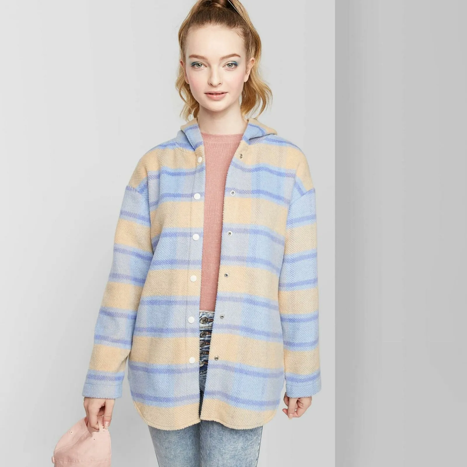 Wild Fable Women's Plaid Long Sleeve Hooded Snap Front Shirt Jacket