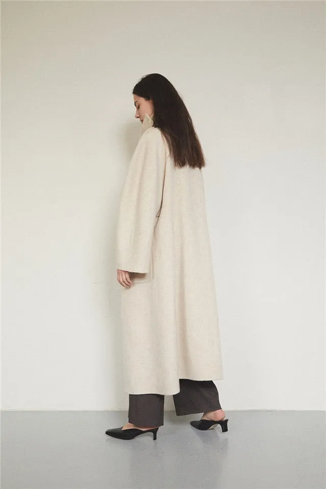 Women's Long Asymmetric Shawl Stand Collar Wool Long Coat
