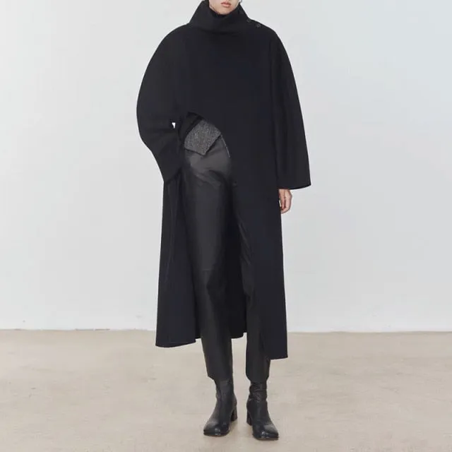 Women's Long Asymmetric Shawl Stand Collar Wool Long Coat