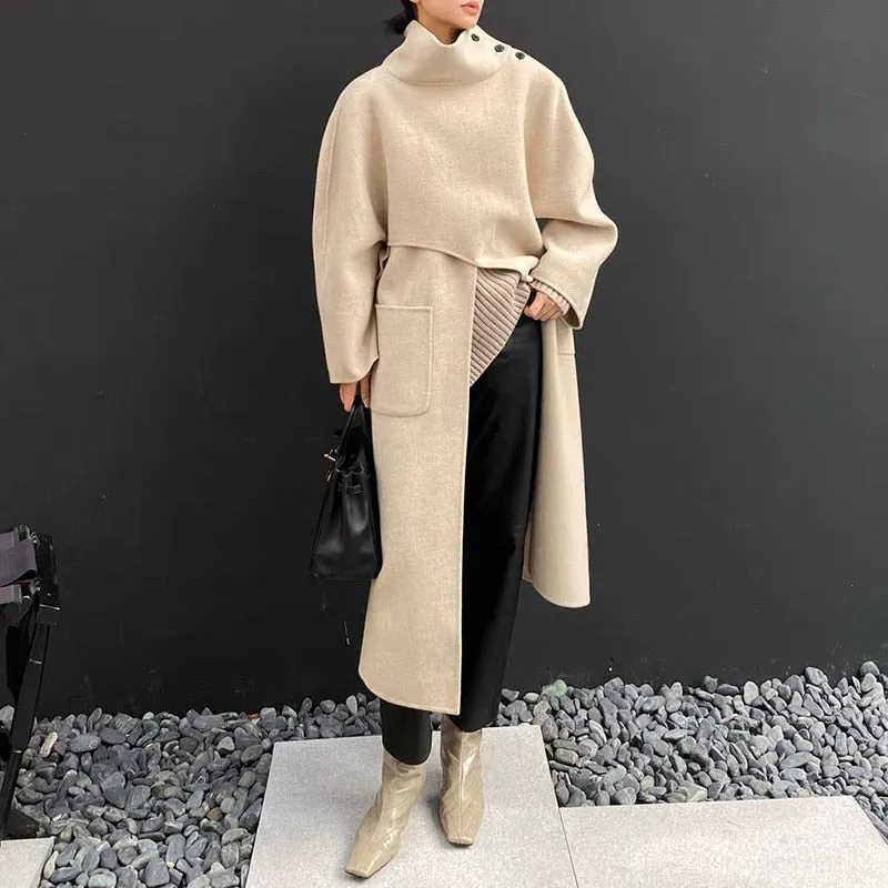 Women's Long Asymmetric Shawl Stand Collar Wool Long Coat