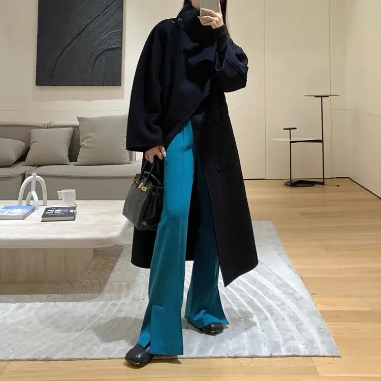 Women's Long Asymmetric Shawl Stand Collar Wool Long Coat