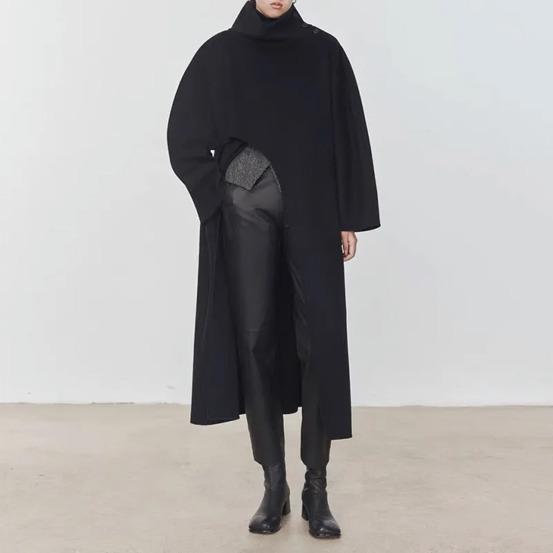 Women's Long Asymmetric Shawl Stand Collar Wool Long Coat