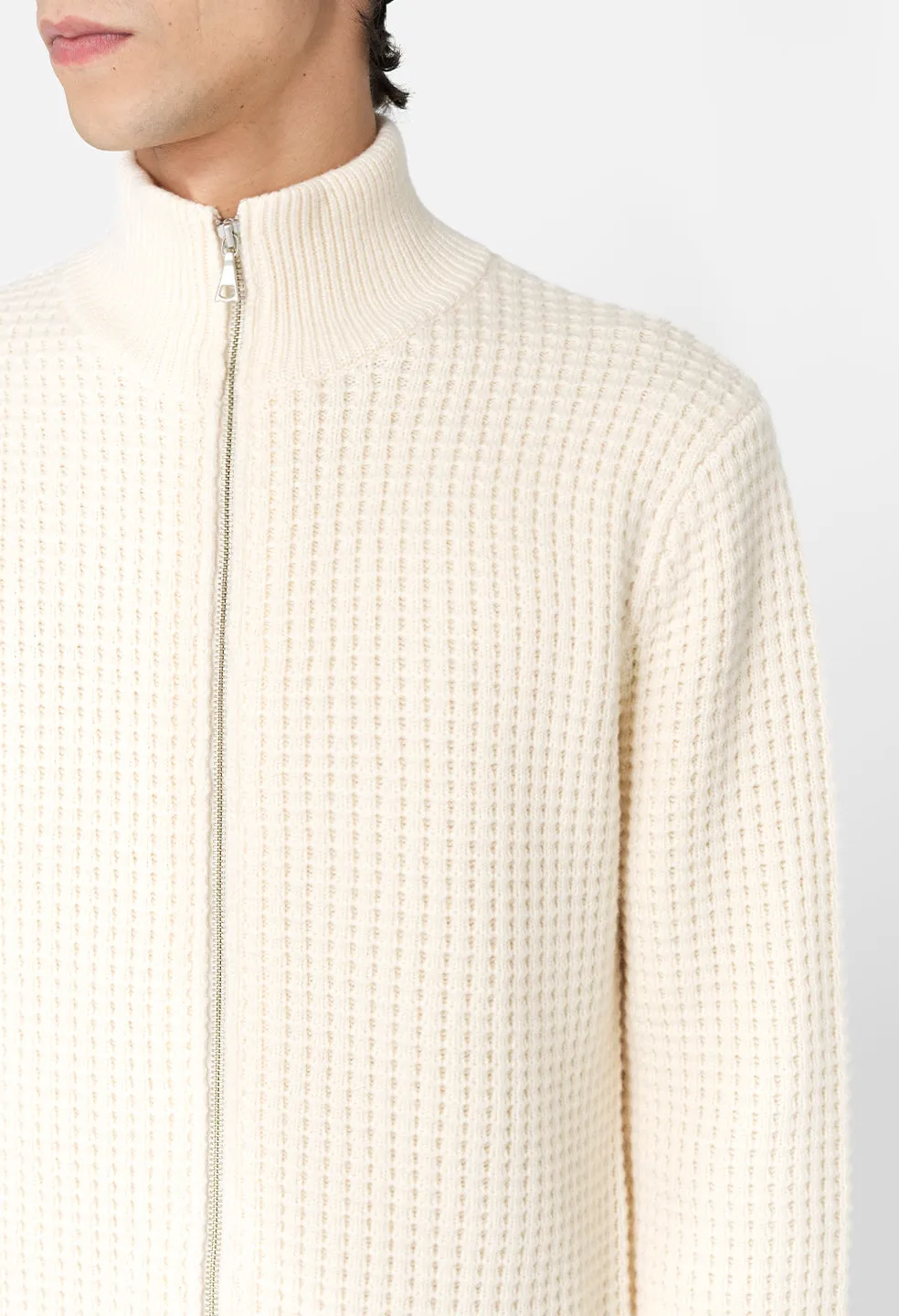 Wool Waffle Knit Full-Zip / Ivory