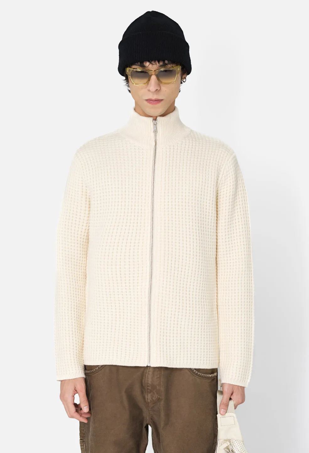Wool Waffle Knit Full-Zip / Ivory